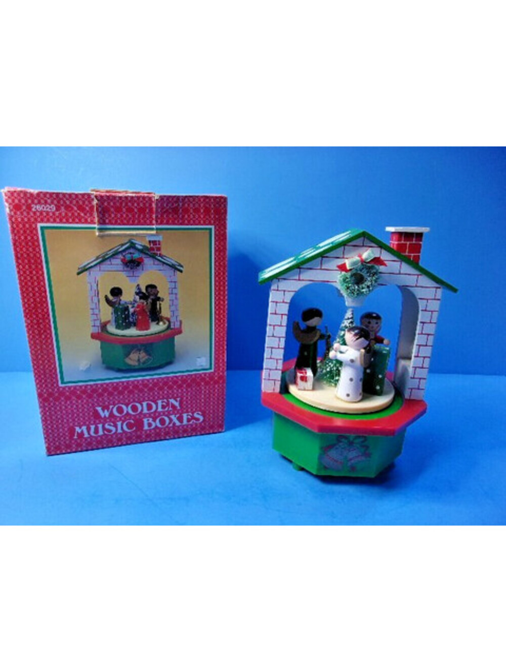 Vintage Christmas Wooden Music Box Angels Rotate H&H Taiwan Hark the Herald IOB